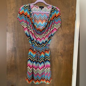 Vibrant Colorful Scoop Neck Dress with Waist Tie